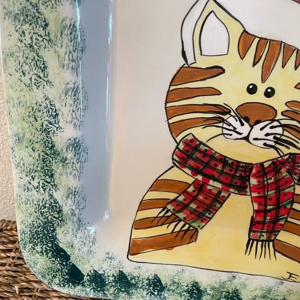 Ceramic Large Vintage Orange Cat Santa Serving Platter 13x13!